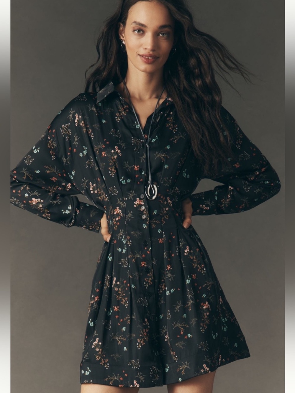 Anthropologie
The Tobie Long-Sleeve Satin Mini Shirt Dress by Exquise NWT